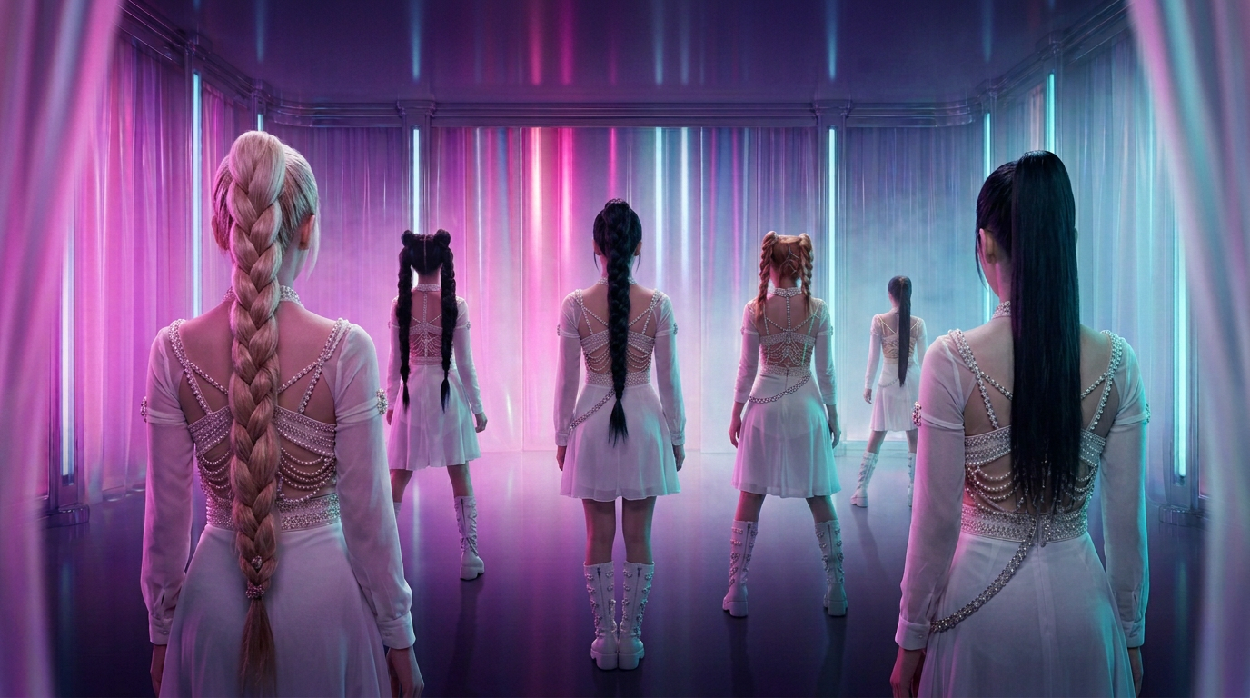 Six K-pop performers posed across a cinematic violet stage with pink and cyan lights